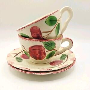 Vtg Blue Ridge Southern Pottery Tea Cups Saucers Handpainted Burgundy Apples SEE